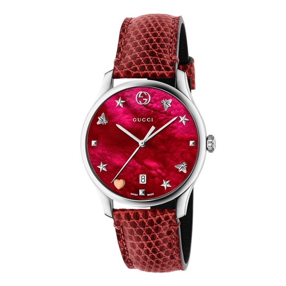36mm Gucci G-Timeless Red Mother of Pearl with Lizard Strap - Picture 1 of 8
